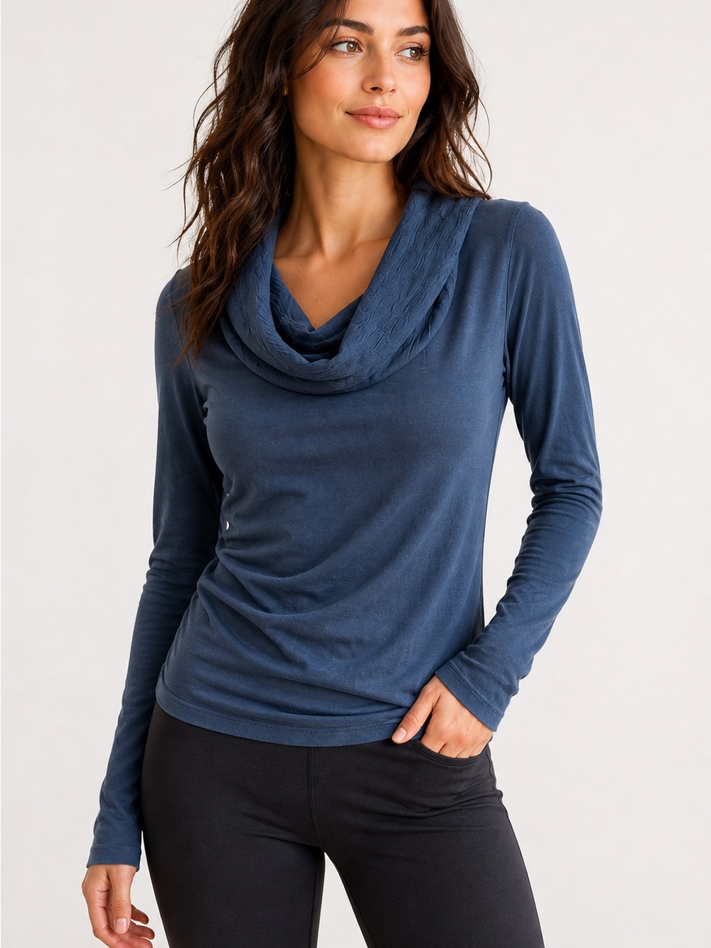 DEHA Italy Blue Cowl Neck Long Sleeve Top Size L Athleisure Draped